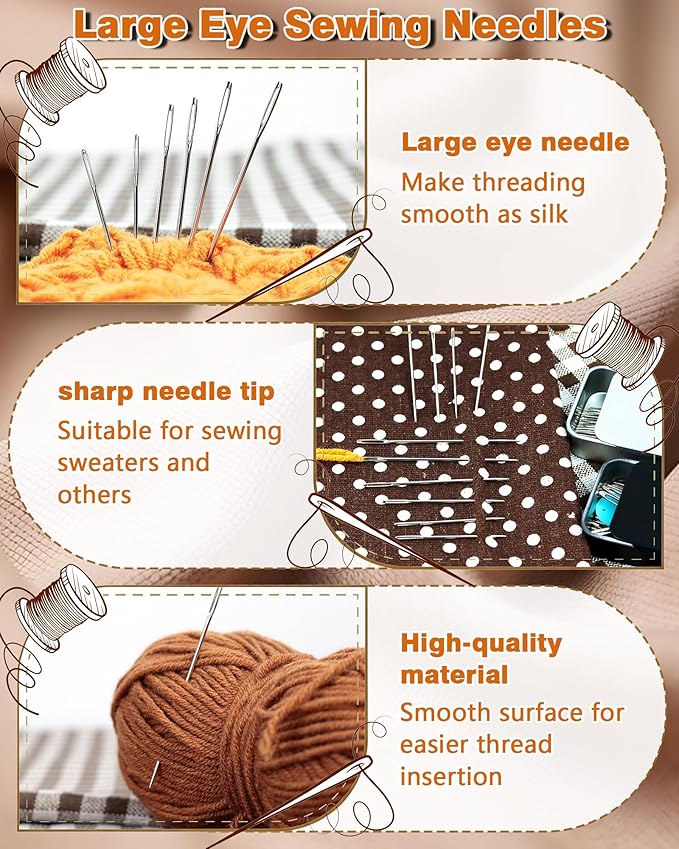 FIVEIZERO 80 PCS Large Eye Sewing Needles, Two 7 Sizes Sewing Sharp Needles, Leather Needle Embroidery Thread Needle, Stainless Steel Yarn Knitting Needles with Threaders for Handsewing Art Crafts