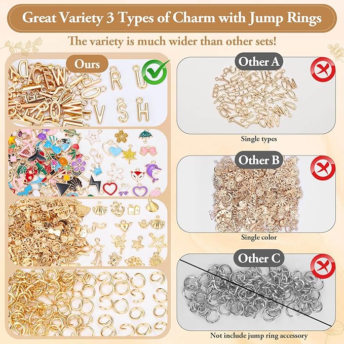 Modacraft 402 Pcs Charms for Jewelry Making with Jump Rings, 3 Types Bulk Assorted Enamel KC Letter Charm for DIY Necklace Bracelet Earring Keychain Craft Supplies