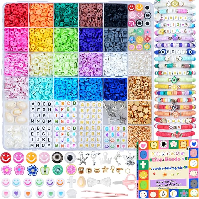 BestNow Clay Beads Bracelet Making Kit for Beginner 5000 Pcs Preppy Polymer Clay Beads with 3 types Letter beads Charms Kit for Jewelry Making DIY Arts and Crafts Birthday Gifts Toys for Kids Age 6-13