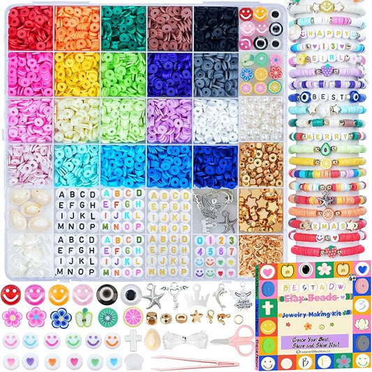 BestNow Clay Beads Bracelet Making Kit for Beginner 5000 Pcs Preppy Polymer Clay Beads with 3 types Letter beads Charms Kit for Jewelry Making DIY Arts and Crafts Birthday Gifts Toys for Kids Age 6-13