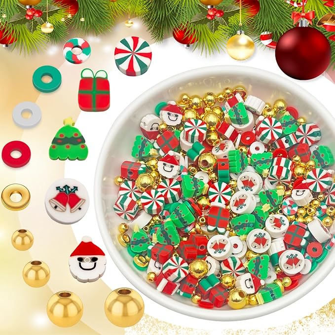 ZSFLZS Gold Beads Christmas Polymer Clay Beads Bracelet Making Kit, Round Spacer Bead 3/4/6/8mm 4 Size Smooth Ball Christmas Bead for Jewelry MakeDIY Bracelet, Necklace, Earring Making