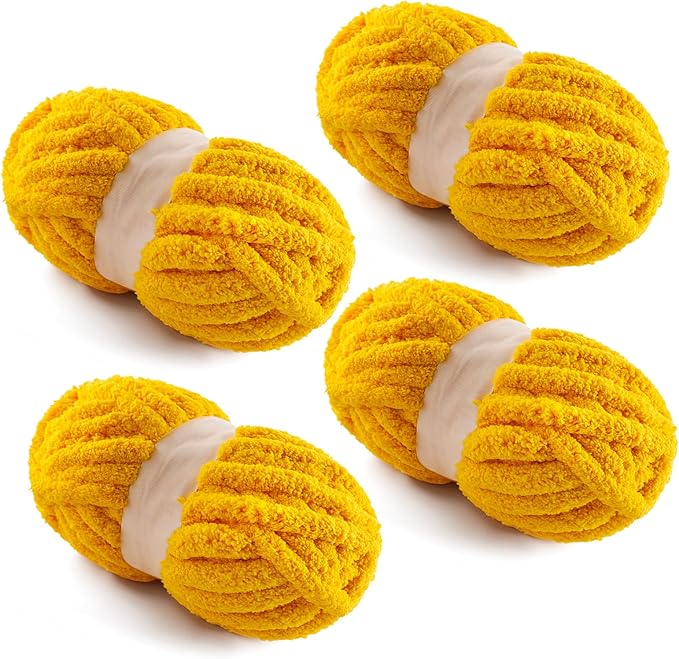 4 Pack Chunky Yarn for Hand Knitting - Chunky Chenille Blanket Yarn for Crocheting - Jumbo Fluffy Yarn for Crochet - Super Bulky Yarn 25 yds 7.7 oz Each Skein (Golden)