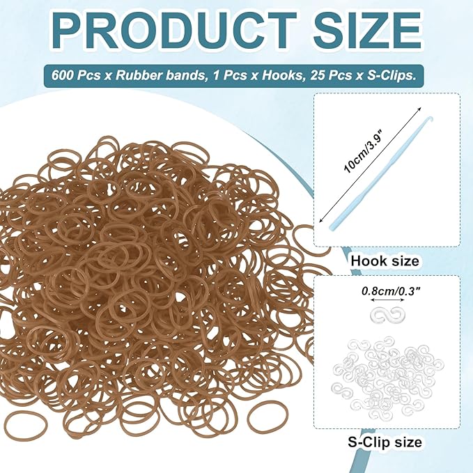 MECCANIXITY 600 Pcs Loom Rubber Bands Kit with 25 Pcs S-Clips 1-Hook Rubber Bands Refill Bracelet Making Kits for Weaving DIY Handcrafts Gift, Light Brown