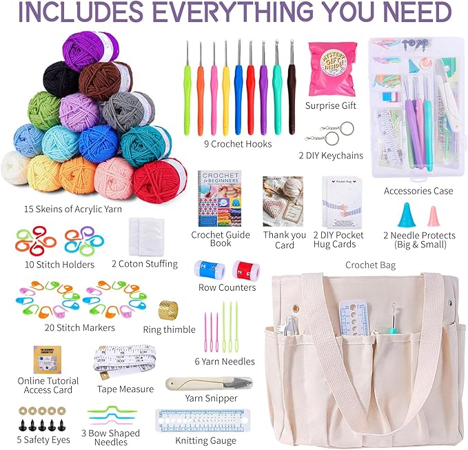 jc craft beginner crochet kit – 81 piece starter set with 15 colorful yarns, ergonomic hooks, complete supplies, white tote bag, accessories case, guide book & online video lessons