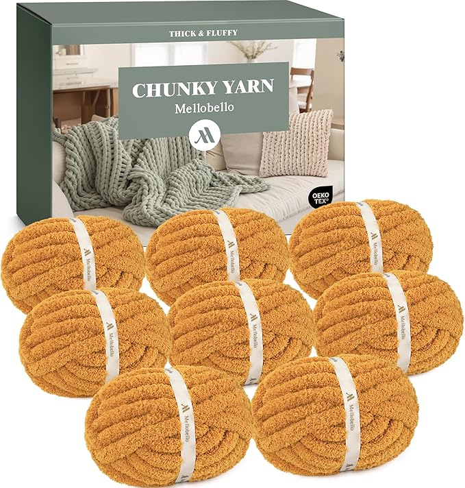 Jumbo Chunky Yarn for Hand Knitting - Super Thick Chenille Chunky Yarn for Crocheting - Extra Soft Bulky Fluffy Blanket Big Yarn 8 Jumbo Pack (27yds,8 oz Each Skein) Mustard Yellow