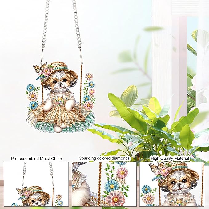 Tontut 5D DIY Diamond Art Painting Pendant kit, Swing Skirt Puppy Special Shape Hanging Crystal Window Pendant kit, Adult Gift Home Curtains, Yard Entrance Decoration