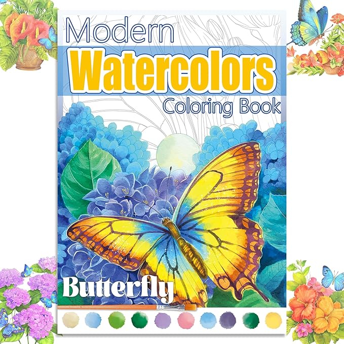 Watercoloring Book, A4 Water Coloring Book Paint Book Beginner Friendly - Watercolor Coloring Books for Adults, 12 Pre-Printed Designs on 180GSM Cold Press Paper, (Without Paint) - Butterfly