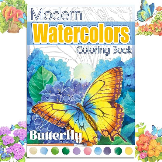 Watercoloring Book, A4 Water Coloring Book Paint Book Beginner Friendly - Watercolor Coloring Books for Adults, 12 Pre-Printed Designs on 180GSM Cold Press Paper, (Without Paint) - Butterfly