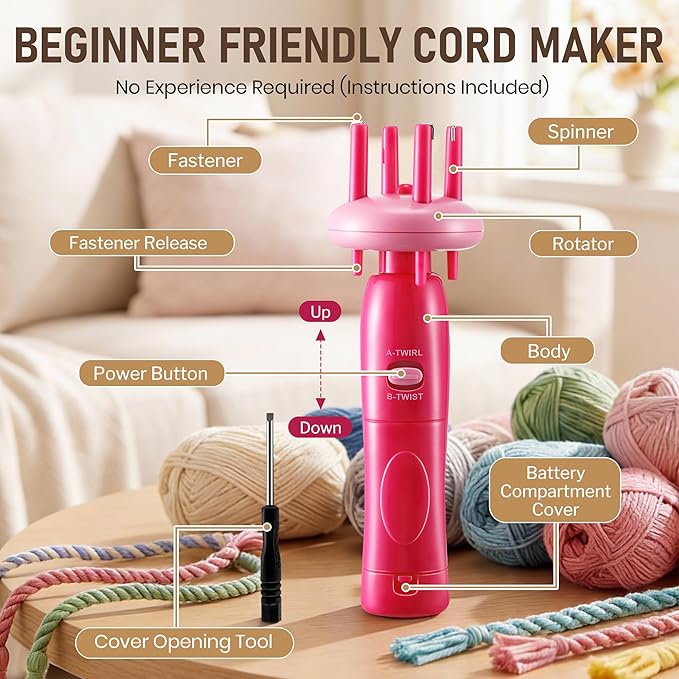 Gulfmew Portable Cord Maker & Fringe Twister, Handheld Yarn Crafting Tool for DIY Macrame & Knotting, Lightweight & Beginner-Friendly, Twisting Tassels in Seconds for Scarves(Pink)