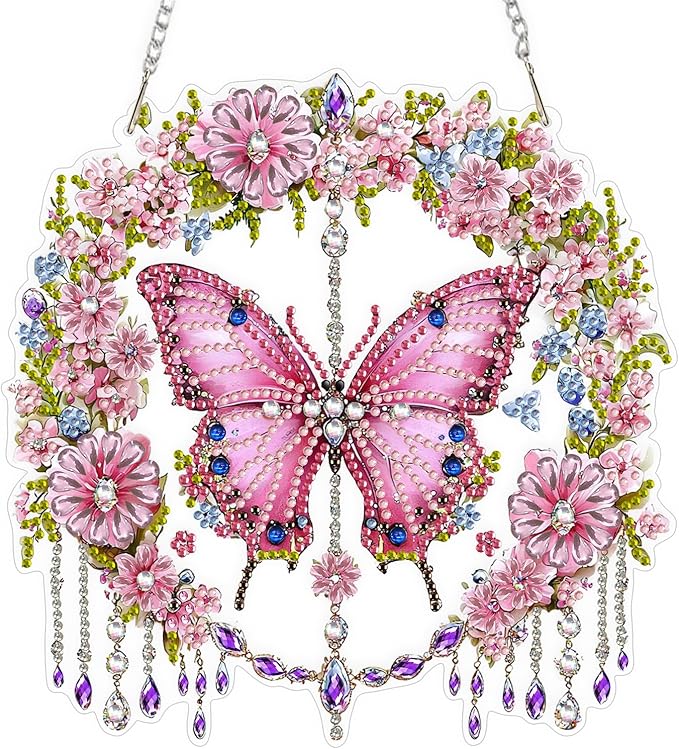 QENSPE Diamond Art Hanging Kits for Adults, 5D Pink Butterfly Special Shape Diamond Paingting Ornaments Kits with Chain, DIY Crystal Window Pendants for Home Garden Wall Decor Double Sided 8X8 inch