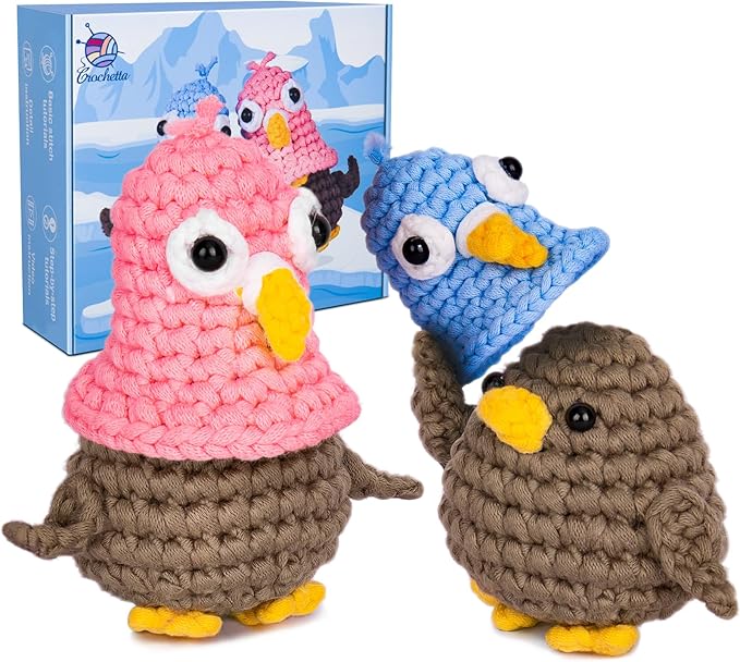 Crochetta Crochet Kit for Beginners, Crochet Kit w Step-by-Step Video Tutorials, Crochet Starter Kit Learn to Crochet Kits for Adults Kids Beginners, Jumbo 2 Penguins Familly (40%+ Yarn Content)