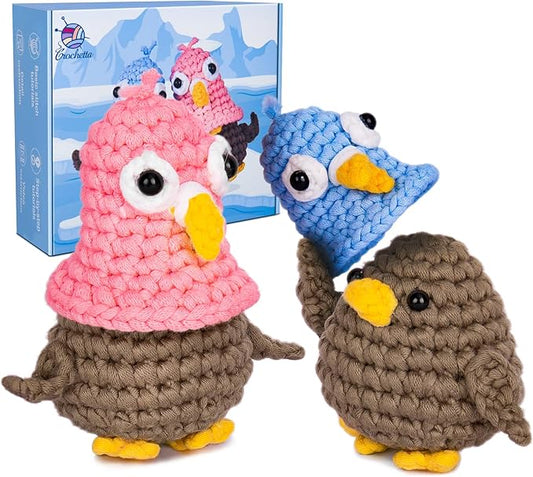 Crochetta Crochet Kit for Beginners, Crochet Kit w Step-by-Step Video Tutorials, Crochet Starter Kit Learn to Crochet Kits for Adults Kids Beginners, Jumbo 2 Penguins Familly (40%+ Yarn Content)