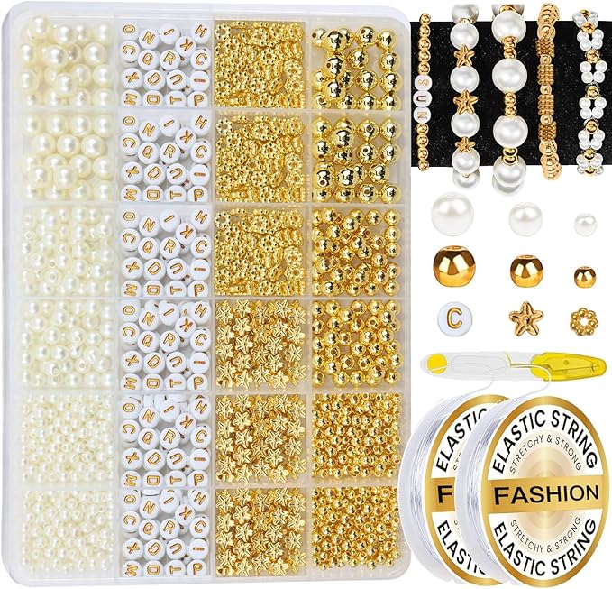 Hpebl 1040PCS Pearl Beads Kit - White, Gold, Small Pearl Beads for Bracelets & Jewelry Making for Adult
