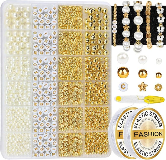 Hpebl 1040PCS Pearl Beads Kit - White, Gold, Small Pearl Beads for Bracelets & Jewelry Making for Adult