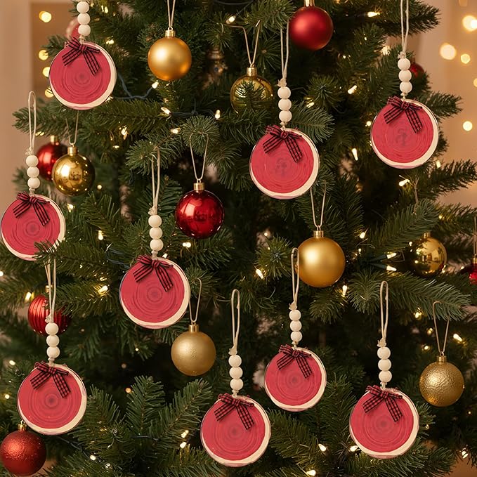 Sawysine 36 Pcs Wooden Christmas Ornament 2.8 to 3.2 Inch Craft Wooden Kit Natural Wood Slices with Round Natural Wood Beads and Buffalo Plaid Bow for Arts and Crafts Christmas Ornaments (Red)