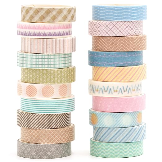 20 Rolls Basic Washi Tape Set Japanese Arts Adhesive Tapes Simple Patterns Decorative Masking Tape Sets for Craft, Kids, Scrapbook, DIY, Gift Wrapping (Style Two)