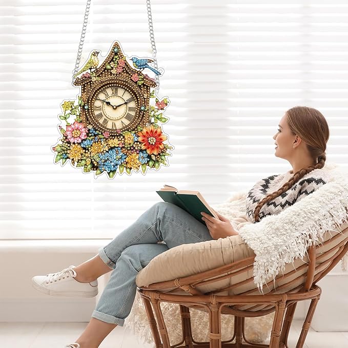 Bimkole Clock Diamond Art Hanging Kit for Adult, DIY 5D Diamond Art Flowers Window Pendant, Acrylic Crystal Art Hanging Ornament Home Wall Garden Front Door Sign Outdoor Decor 7.8x7.8 Inch