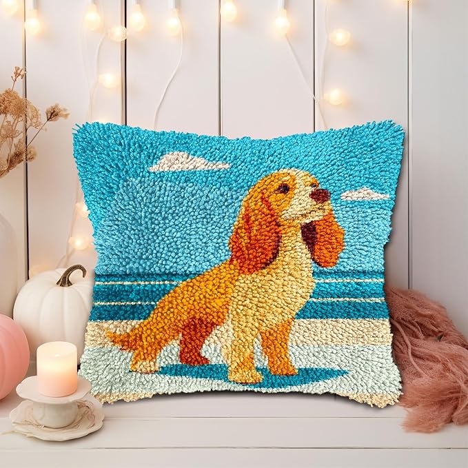 DIY Latch Hook Pillow Kits for Adults Cute Cartoon Cocker Spaniel Dog on Beach Printed Pillowcase Crochet Yarns Hooking Handmade Pillow Cover Cushion for Home Sofa Decoration 17x17inch(3)