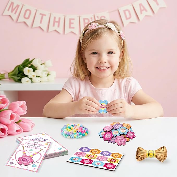 BeYumi Mom Necklace Craft Kit - 24Pcs DIY Mother's Day Best Mom Wooden Flower Pendant Beads Necklace Making with Greeting Card to Beautiful Mother Craft Gift Kids School Classroom Family Party Favor