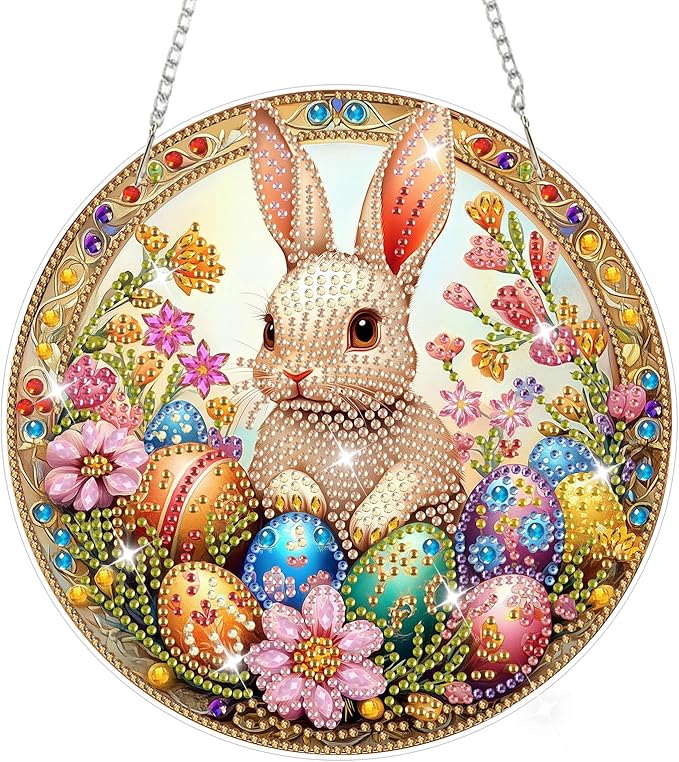 NAIMOER Easter Rabbit Egg Diamond Art Hanging Kits for Adults, 5D Special Shaped Rhinestone, DIY Spring Diamond Art Painting Window Pendants Home Garden Wall Hanging Ornament Kits, Double Sided
