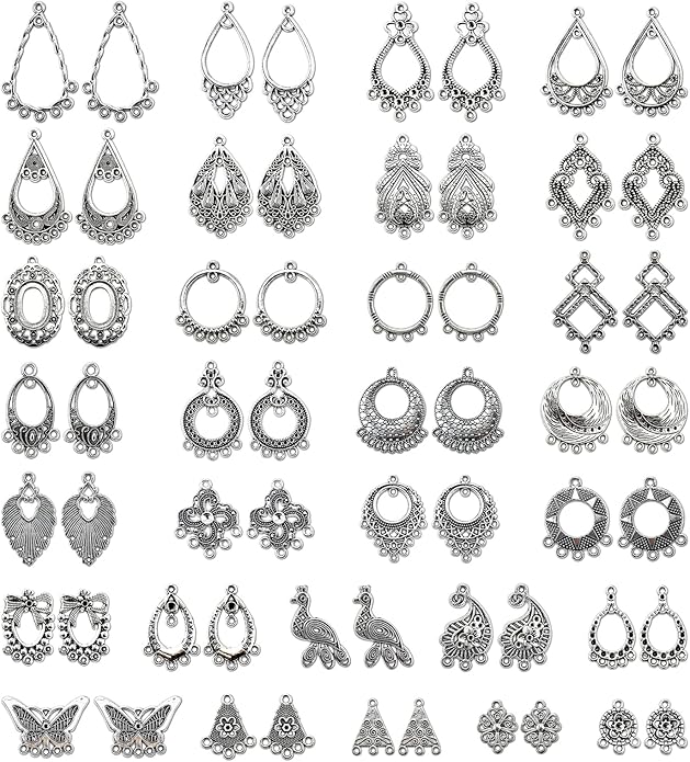 JIALEEY Antiqued Tibetan Silver Earring Chandelier Earring Jewelry Making Kit for Earring Drop and Charm Pendant Assorted Pack (30Pair 60Pcs)