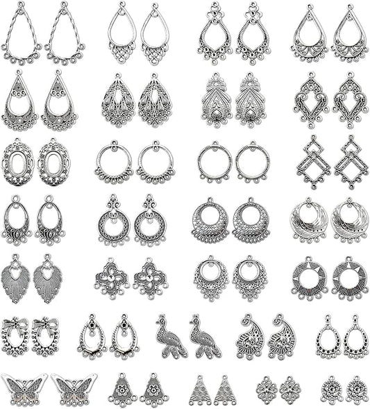 JIALEEY Antiqued Tibetan Silver Earring Chandelier Earring Jewelry Making Kit for Earring Drop and Charm Pendant Assorted Pack (30Pair 60Pcs)