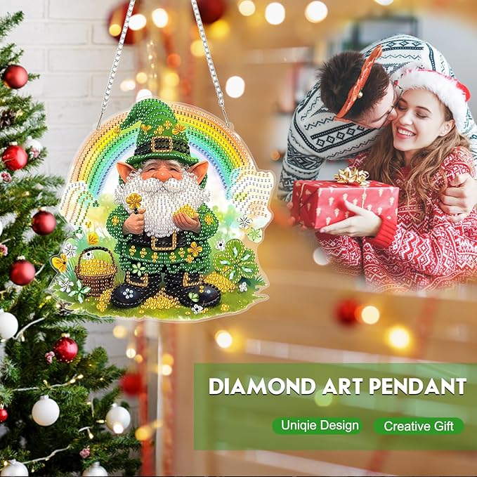 NEWENMO Diamond Art Kit for Adult, St Patrick's Day Gnome, Diamond Art Painting Double Sided Window Pendants for Home Garden Wall Hanging, DIY Special Shaped Gem Hanging Ornaments, Lucky Gnome