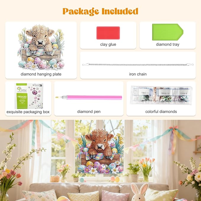 RICUVED Easter Diamond Art Hanging Kit for Adult, Cow Special Shaped Diamond Painting Pendant Board Kit, Eggs 5D Art Suncatchers Double Sided Hanging Window Ornament for Home Garden Decor