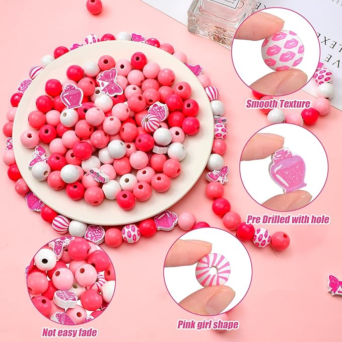 Waydress 200 Pcs Pink Wooden Beads for Crafts 16mm Large Printed Wood Beads Bulk with Bows Disco Ball Charms for Hair Keychain Making Bachelorette Party Birthday Decor Pen DIY Garland