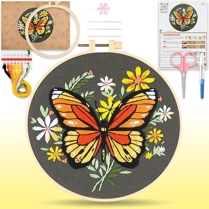 htvront embroidery kit for beginners, butterfly embroidery kits with step-by-step video tutorials only 6 stitches, beginner embroidery kit for adult, needlepoint kits for adults with stamped patterns