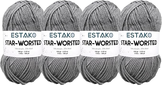 Estako Star-Worsted Yarn - (4 Skeins Pack) - 75% Acrylic 25% Wool - Soft Medium Weight #4 - (4 x 3.52 oz / 4 x 186 yds) - Crochet & Knitting Yarn (40974 - Light Grey)