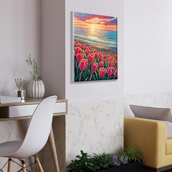 ATDMS Paint by Numbers Kit for Adults with Frame, Flowers Paint by Number with Easel,DIY Seaside Sunset Adult Paint by Number Kits Canvas Oil Painting Kit for Home Wall Decor 8 x 12 Inch