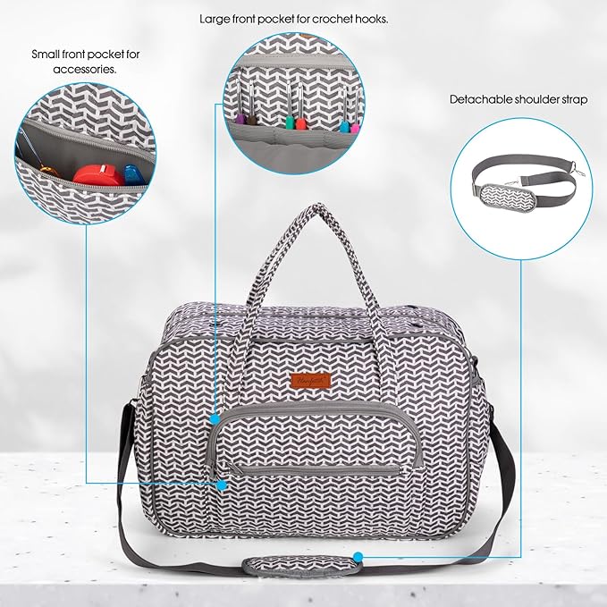 Yarn Storage Organizer, Knitting Crossbody Bag, Large Crochet Tote Bag Yarn Holder Case for Carrying Projects, Knitting Needles, Crochet Hooks and Other Accessories (Gray-Arrow)