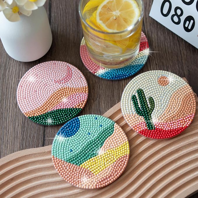 Temlum 6 Pcs Diamond Painting Coasters Kit, Abstract Landscape Diamond Art Coasters for Beginners, Adults Small Diamond Painting Kit Art Craft Supplies