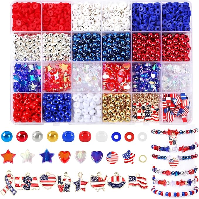 UPINS 2100PCS+ Red White and Blue Beads Bracelet Making Kit 4th of July Patriotic Beads for Jewelry Making Heishi Beads for DIY Bracelets Independence Day Crafts
