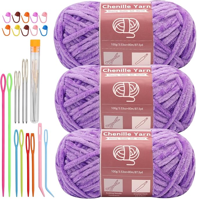 LUNARM Chenille Yarn for Crocheting Knitting, 3 Skein 263 Yard Thick Soft Chunky Fluffy Weaving Plush Yarn for Blankets Clothes Pattern Creations with Big Eye Needles (Purple)