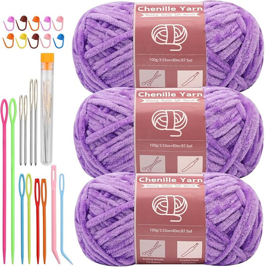 LUNARM Chenille Yarn for Crocheting Knitting, 3 Skein 263 Yard Thick Soft Chunky Fluffy Weaving Plush Yarn for Blankets Clothes Pattern Creations with Big Eye Needles (Purple)
