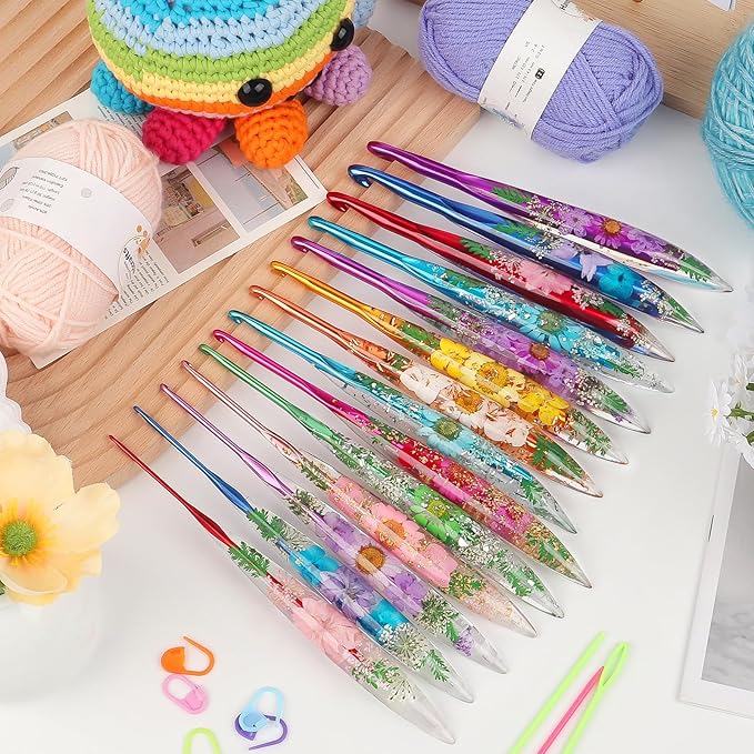 Katech 5.5mm Crochet Hooks with Floral Pattern-Elegant &Unique Crochet Needles-Longer Smooth Glide Crocheting Hook for Arthritic Hands, Beginners & Professional Ideal Crochet Gift(H)