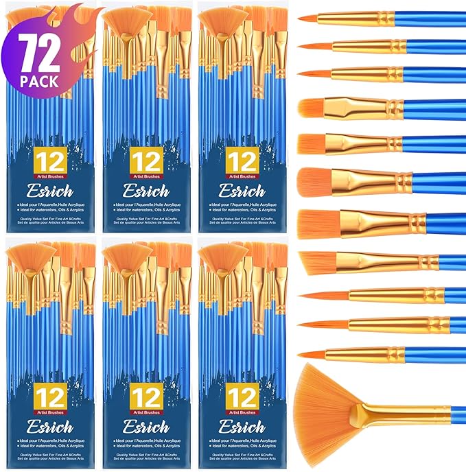 ESRICH Paint Brushes Set,6pack 72pcs Nylon Hair Round-Pointed Tip Acrylic Paint Brushes for Watercolor Oil Rock Face Painting,12 Sizes Paint Brush for All Purposes Kids Adult Arts Painting Brush Kits