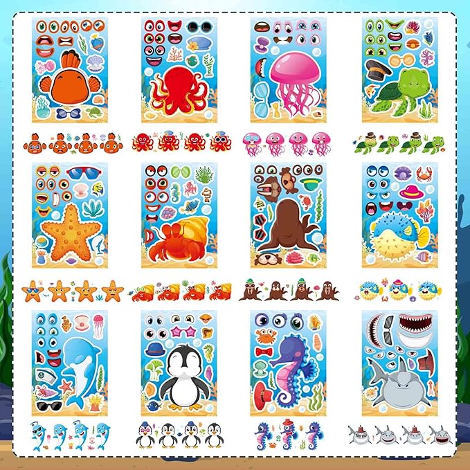24 sheets ocean animal stickers for kids, make a face sticker, make your own sea animal stickers for kids activities supplies crafts, ocean sea party favors