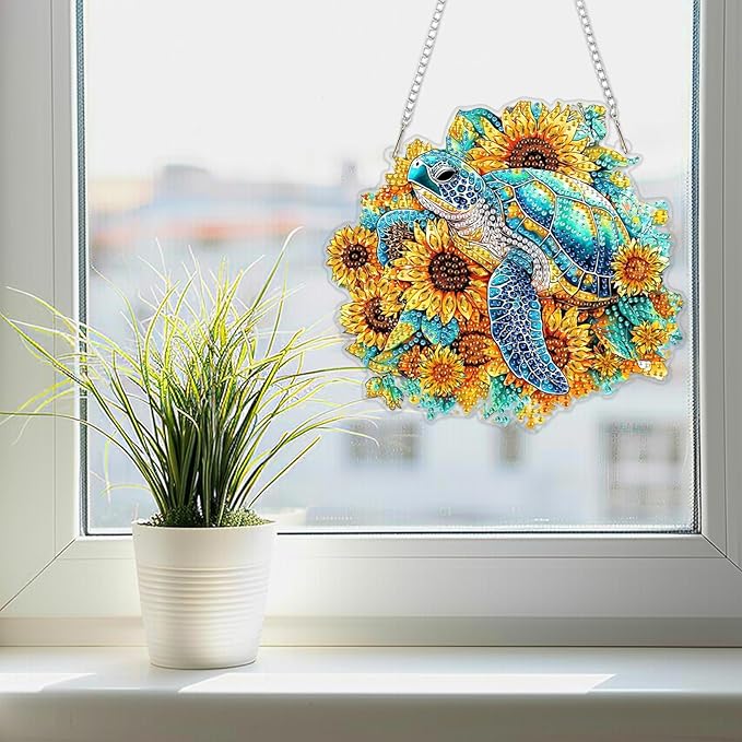 SENQAO Turtle Diamond Art Hanging Kit for Adult, Special Shaped Rhinestone, Double Sided DIY Acrylic Diamond Art Painting Window Pendants Home Garden Wall Hanging Kits Hanging Ornament (Sunflower)