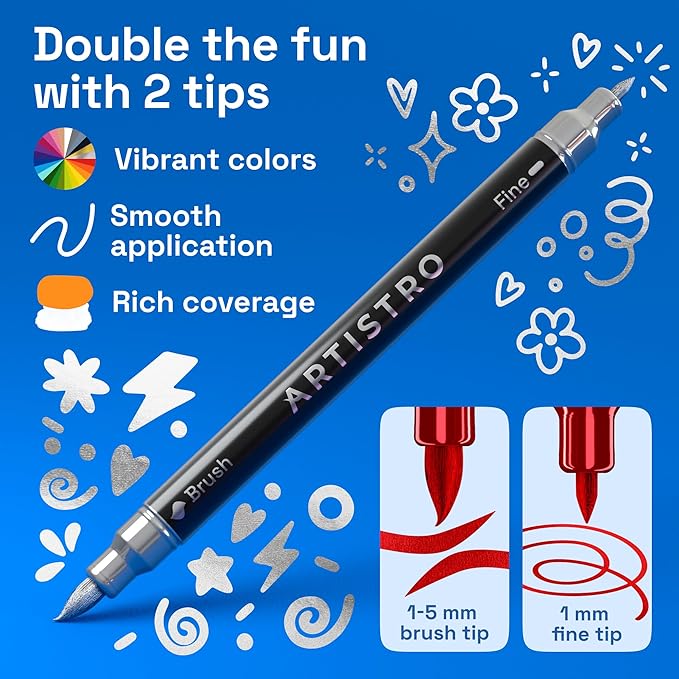 ARTISTRO 36 Metallic Acrylic Paint Markers - Paint Pens for Drawing, Brush + Fine Tips - For Fabric, Rock, Glass, Wood, Eggs - Art & Craft Supplies for Adults, Teens, Kids - Easter Basket Stuffers