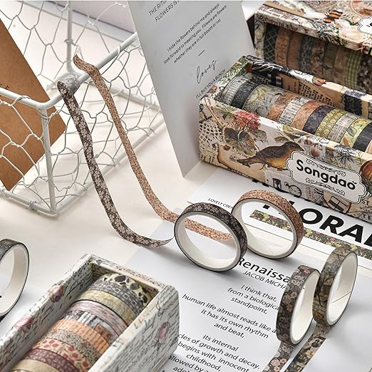 20 Rolls Skinny Vintage Washi Tape Set Retro Arts Adhesive Tapes Basic Patterns Decorative Masking Tape Sets for Craft, Kids, Scrapbook, DIY, Gift Wrapping (Forest Isles)