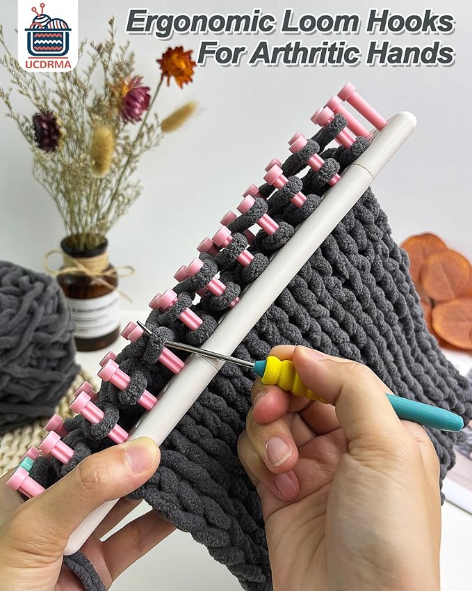 UCDRMA Knitting Loom Hook Refill Set, 8PCS More Comfortable Loom Knitting Hook with Soft Grip, Longer Stainless Steel Loom Crochet Hooks Kit (6in) & 16 Sewing Needles, Great Yarn Loom Knit Tools