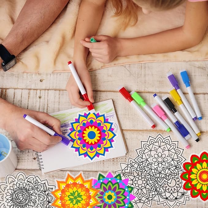 Frienda 36 Pcs Stained Glass Mandala Art Kit DIY Window Clings with Markers 6 Designs Holi Suncatchers Craft Color Your Own Spring Gift Crafts for Adults Seniors Beginners Women Elderly Home Decor