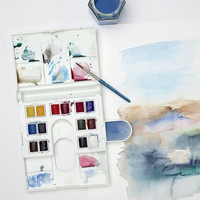 Winsor & Newton Cotman Watercolor Paint Set, Field Set, 14 Half Pan w/ Brush, Mixing Palette