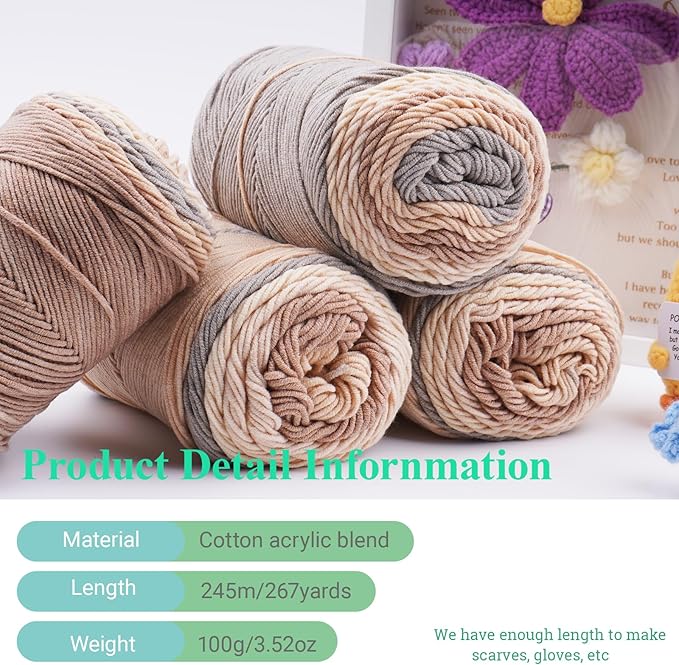 Ombre Cake Yarn for Crocheting 4PCS Gradient Yarn Cake-4x100g 45% Cotton 55% Acrylic Rainbow Cotton Yarn for Knitting,Shawls,Blankets,Scarves,Garments(Brown)