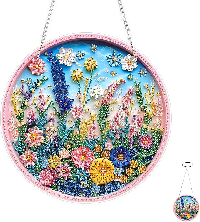 TOSTOG Spring Meadow Flower Diamond Art Pendant Kits for Adult, Diamond Painting Hanging Kit for Beginners, 5D DIY Crafts Gem Art, Waterproof Full Accessories for Home Decor Idea 20 * 20 cm/8 * 8 in