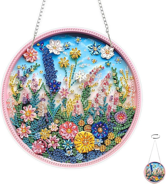TOSTOG Spring Meadow Flower Diamond Art Pendant Kits for Adult, Diamond Painting Hanging Kit for Beginners, 5D DIY Crafts Gem Art, Waterproof Full Accessories for Home Decor Idea 20 * 20 cm/8 * 8 in