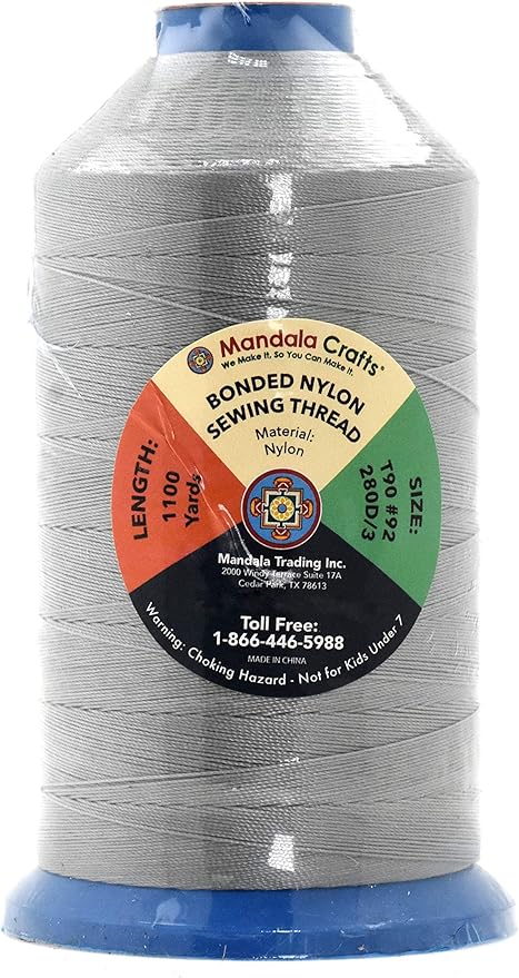 Mandala Crafts Size 92 280D T90 Bonded Nylon Thread - Gray 1100 YDs Tex 90 Heavy Duty Sewing Threads for Leather, Jeans, Weaving, Outdoor Marine Upholstery